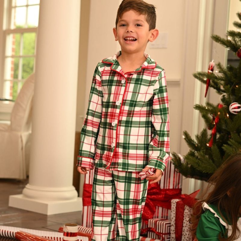 christmas plaid button down pajamas kids